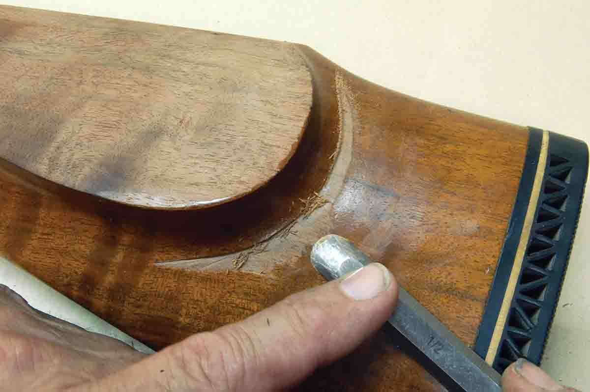 When filing is complete, a roundnose chisel makes the stock-to-edge surface perfectly flat.